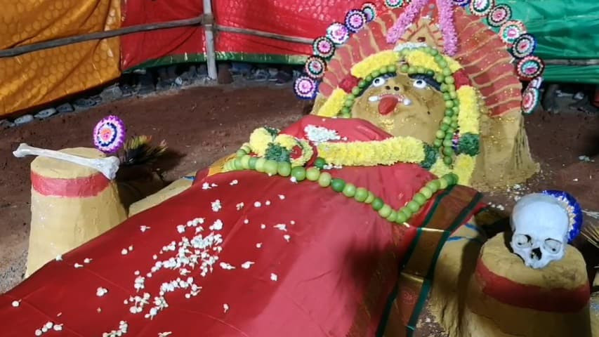 கோவை : மயான கொள்ளை பூஜையில் ஆக்ரோஷமாக எலும்பை கடித்த பூசாரி  -  திரளான பக்தர்கள் பங்கேற்பு :